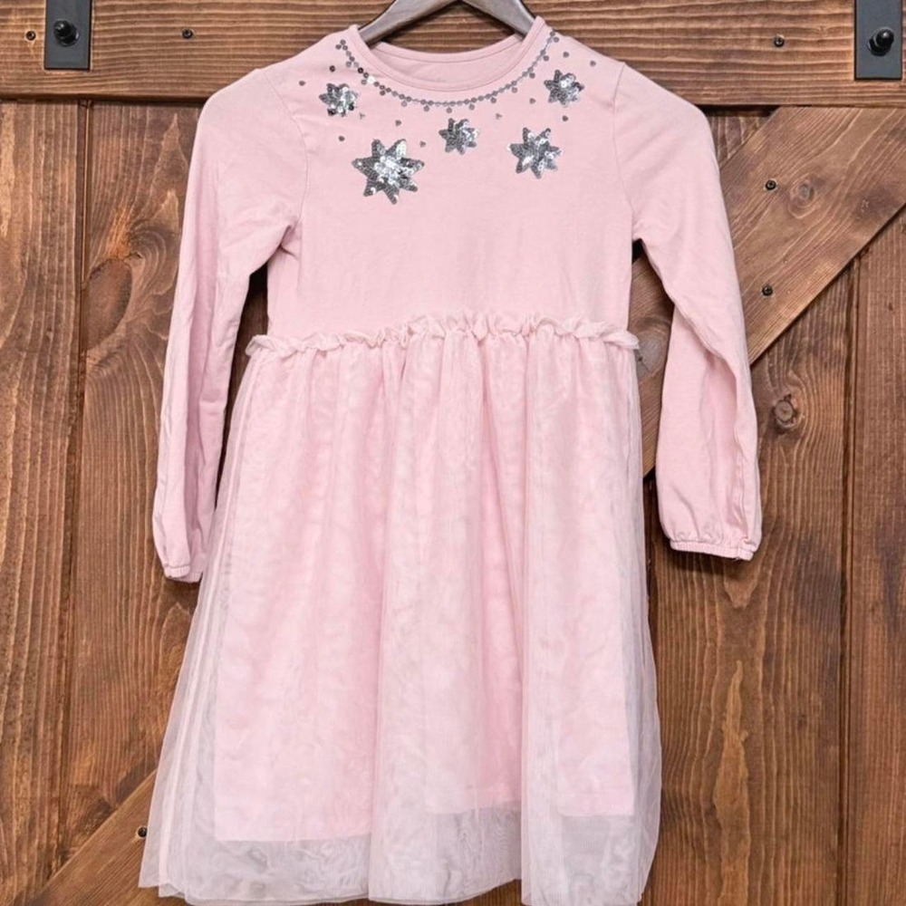 Leigh Tucker Willow Girls Pink Sequin Star Tutu Dress Long Sleeve Size 8-9 Years